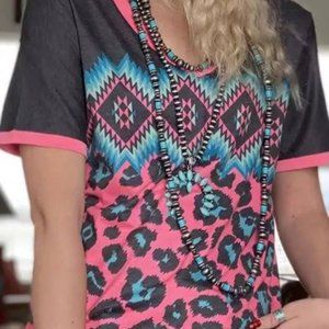 Aztec Leopard Splicing Short Sleeve T-shirt